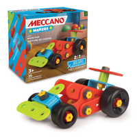 Meccano 2-in-1 race car building set box with assembled red-and-green car