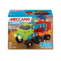 Meccano Makers 5 in 1 Mega Set retail box showing multi-vehicle builder