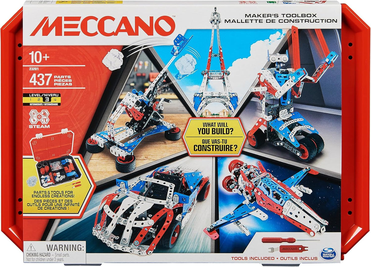 Meccano Maker's Toolbox construction set box with model photos and tool graphic