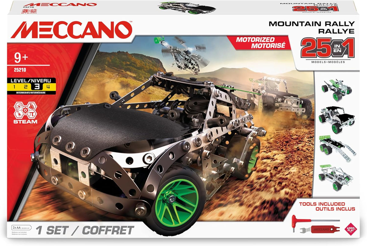 Meccano Mountain Rally 25 in 1 Set product box with model pictured and accessories