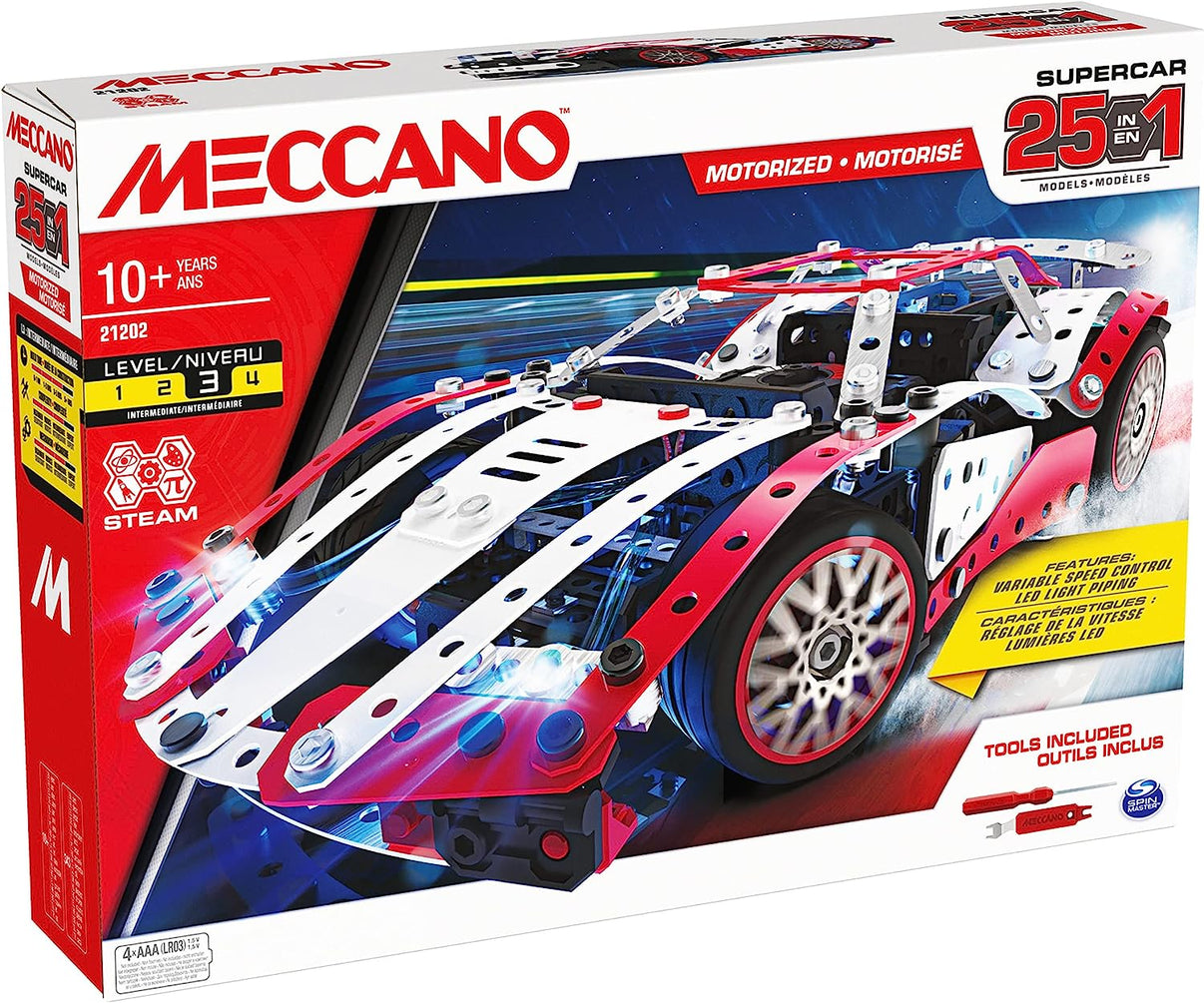 Meccano 25-in-1 supercar STEM building set box with red and white car art