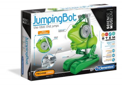 Mech Lab jumping bot toy on retail box, green robot with spring wheel design