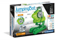 Mech Lab jumping bot toy on retail box, green robot with spring wheel design