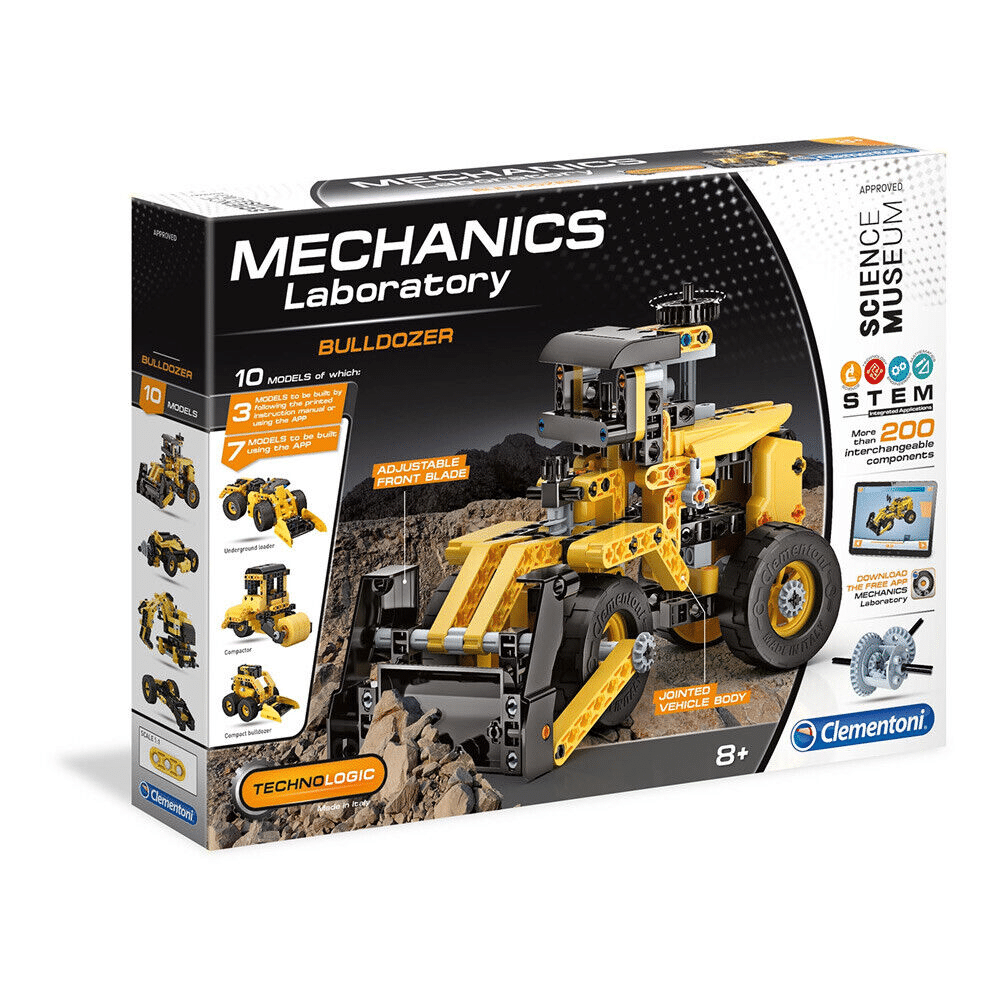 Clementoni mechanics laboratory bulldozer STEM model kit in box, yellow and black