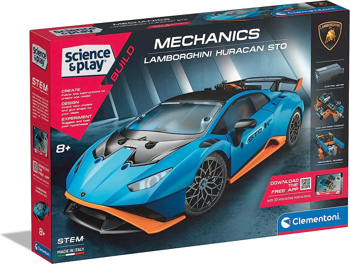 Science kit mechanics set with a blue Lamborghini model on the package box front.