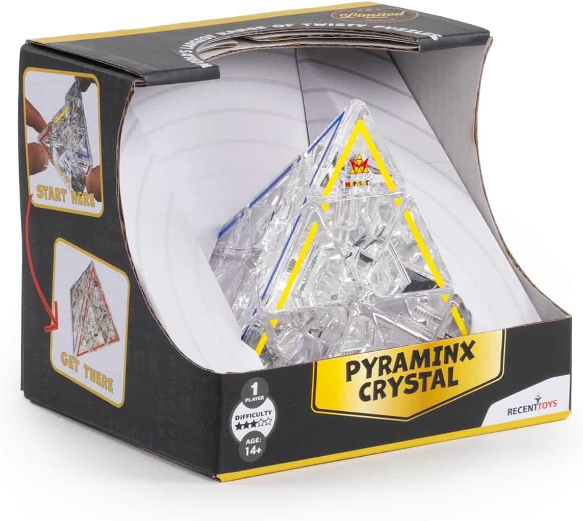 Meffert'S Crystal Pyraminx puzzle in retail box, showing clear pyramid with colored guide lines