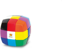 Multicolor cube pillow with white logo panel