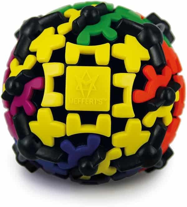 Gear Ball puzzle ball with interlocking colored cubes and black bead joints