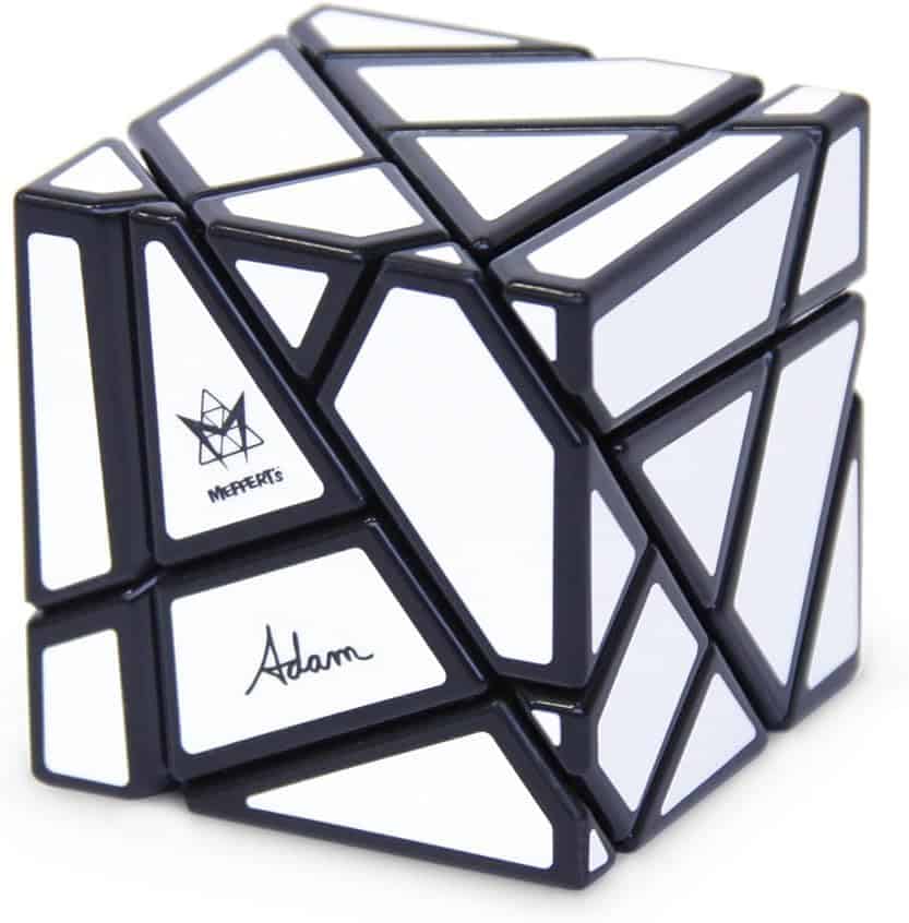 Black and white geometric cube puzzle with intersecting panels and square frame