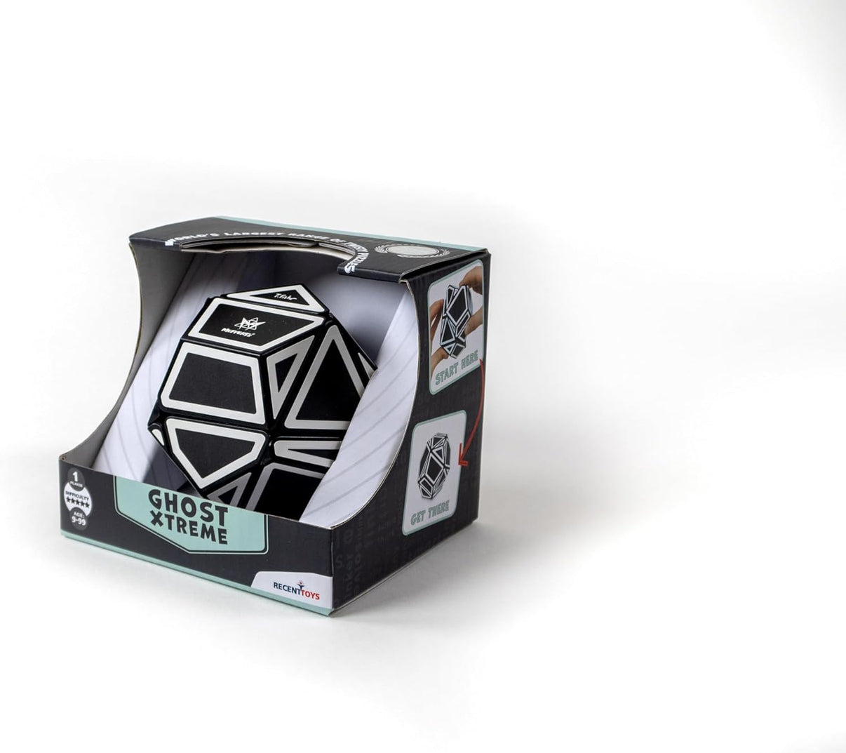 Ghost cube puzzle in black and white, shown in retail box