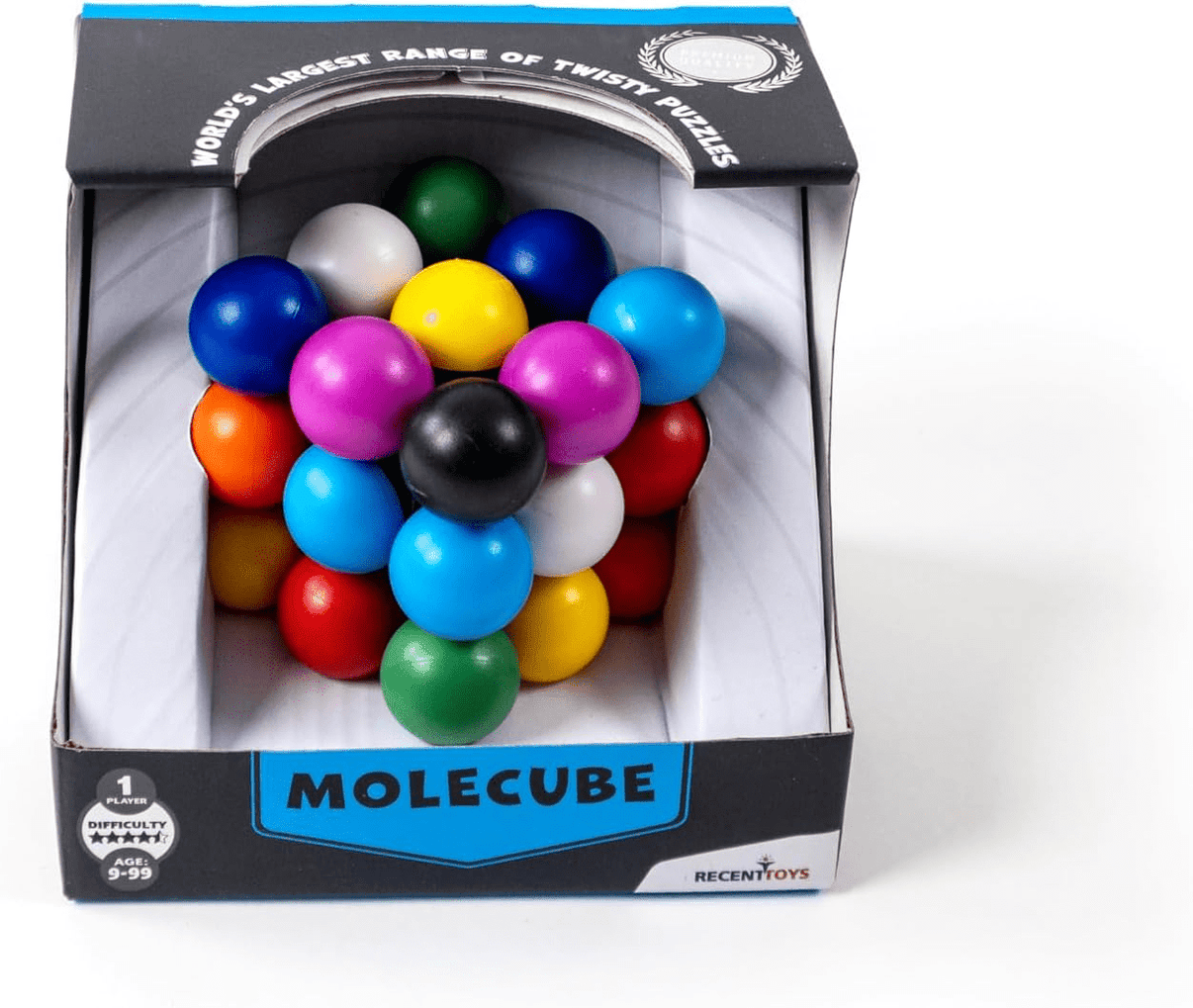 Puzzle cube set with colorful plastic spheres in a display box