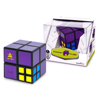 Pocket cube puzzle with purple, black, blue, and yellow tiles, shown with the box