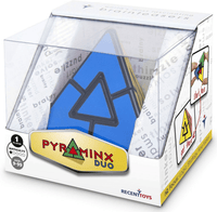 Pyraminx Duo puzzle in blue, gray, and yellow with triangle graphic on box