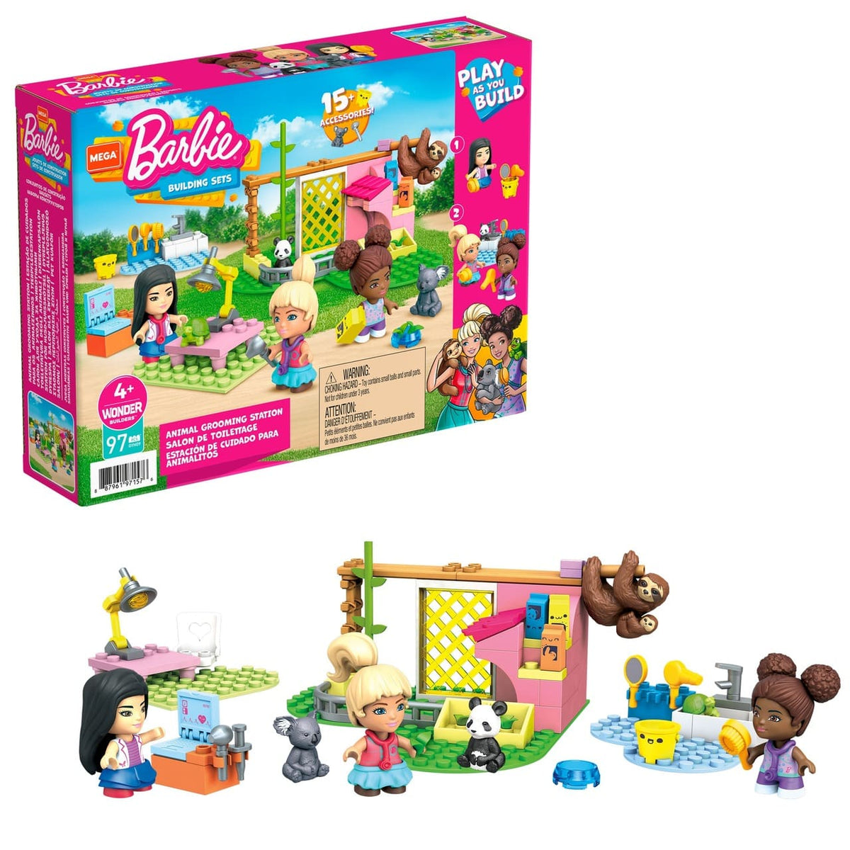 Barbie animal rescue building set with dolls, animal figures, and accessories in box
