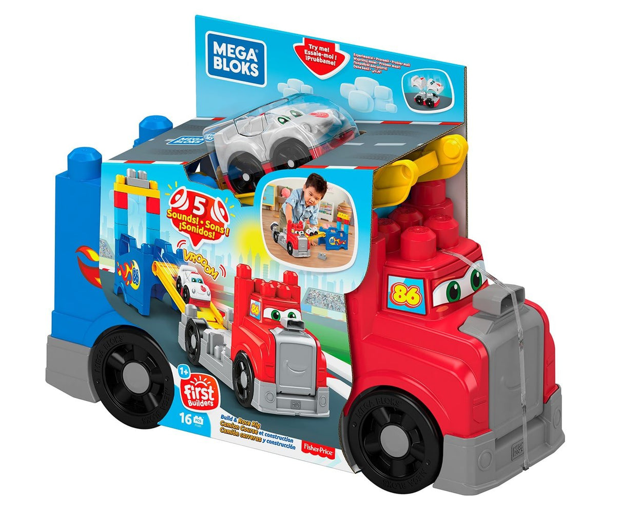 Mega Blox build & race rig toy truck in red and blue with small car