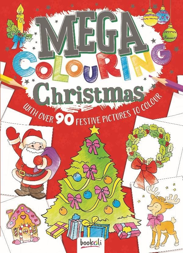 Christmas colouring book cover with Santa, tree, wreath, and cartoon animals