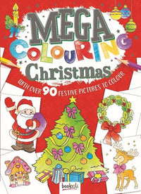 Christmas colouring book cover with Santa, tree, wreath, and cartoon animals