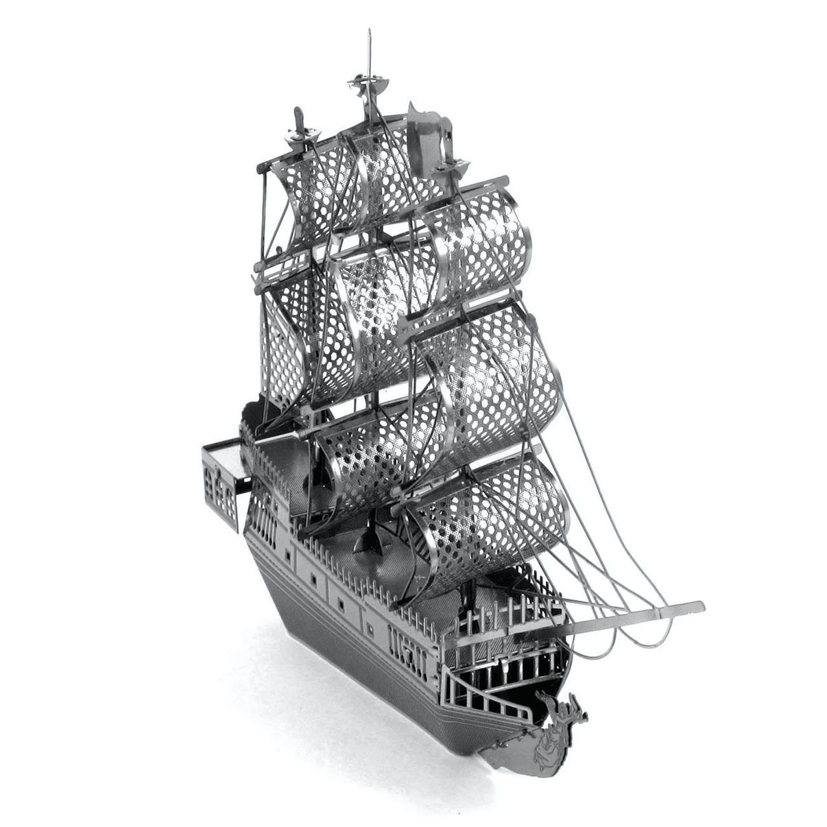Metal model sailing ship with perforated sail panels and raised masts