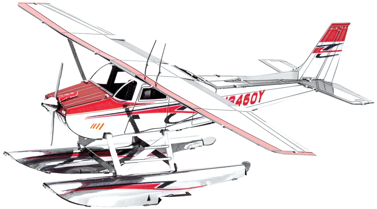 Red and white Cessna 182 model airplane with twin floats and landing struts