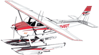 Red and white Cessna 182 model airplane with twin floats and landing struts