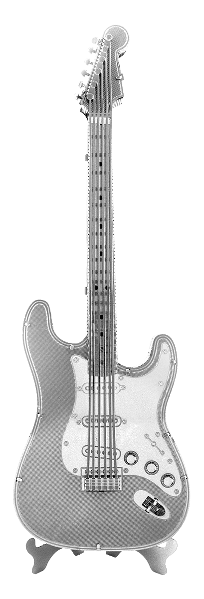 Electric lead guitar metal model, silver finish, front view on display stand