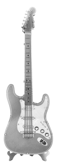 Electric lead guitar metal model, silver finish, front view on display stand