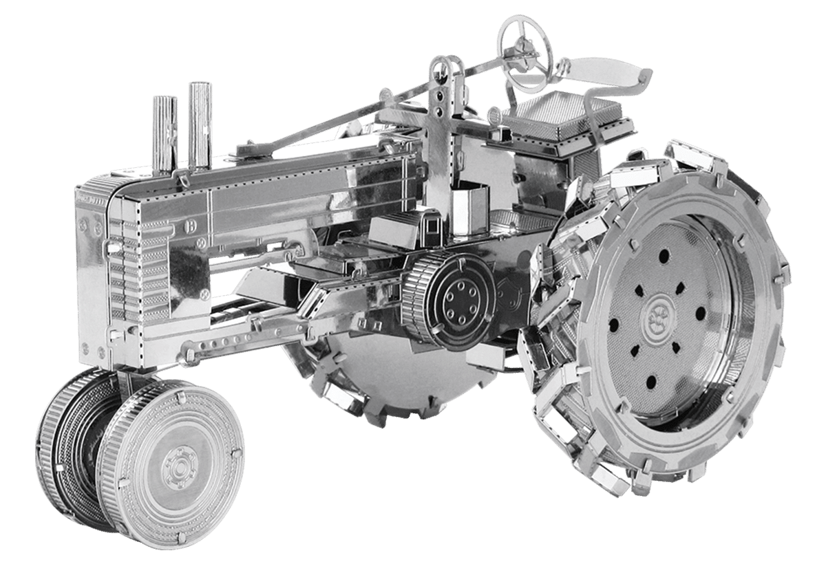 Farm tractor metal model with tread wheels and detailed front attachment