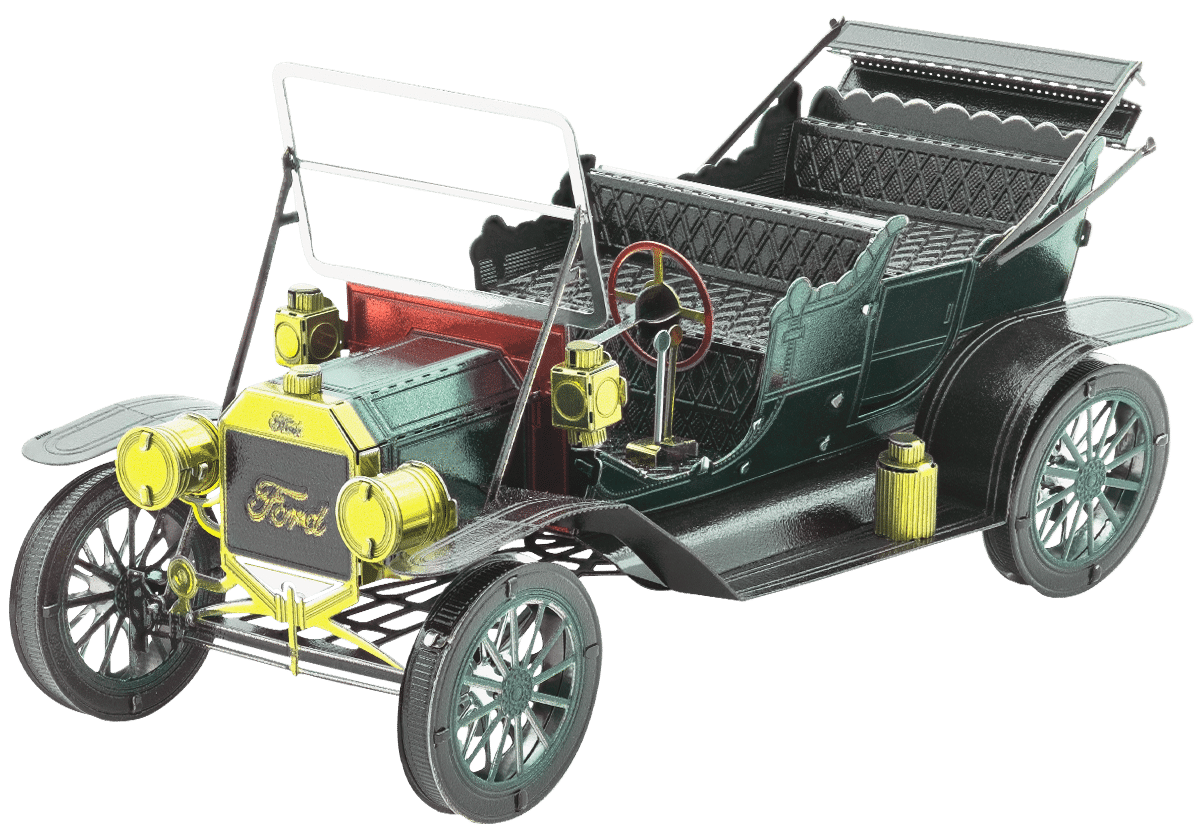 Dark green metal open-top model car with yellow engine and spoked wheels