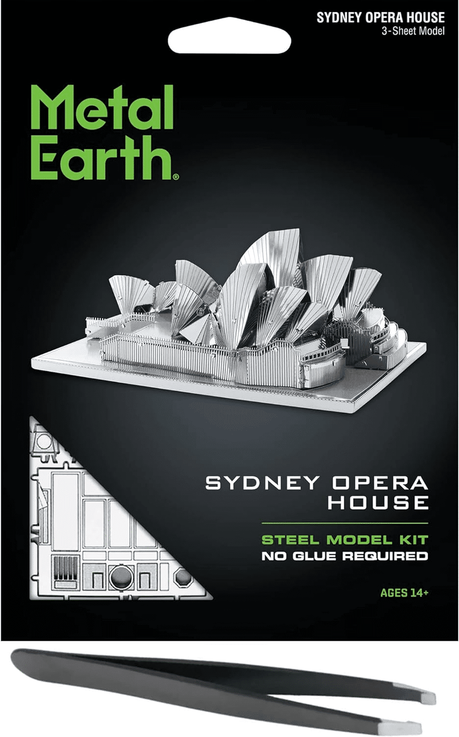 Opera House metal model kit with layered silver pieces on a display base