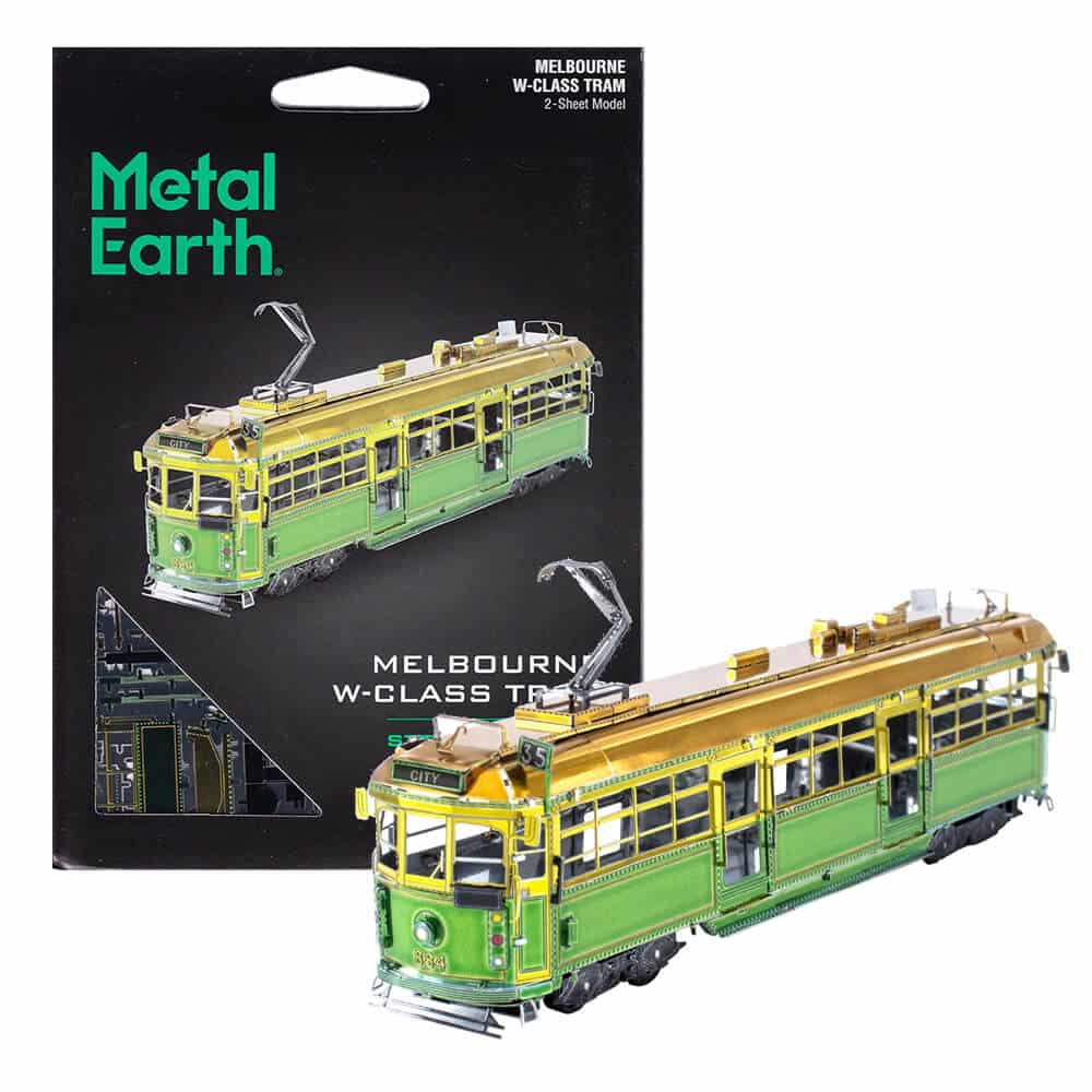 W Class tram metal model in yellow and green, front three-quarter view