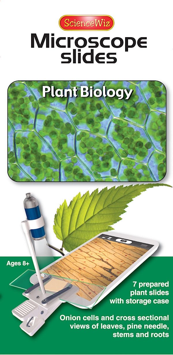 Microscope slide kit box labeled Plant Biology with leaf-themed design