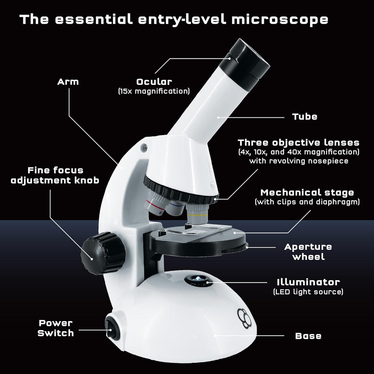 White entry-level compound microscope with LED base and mechanical stage