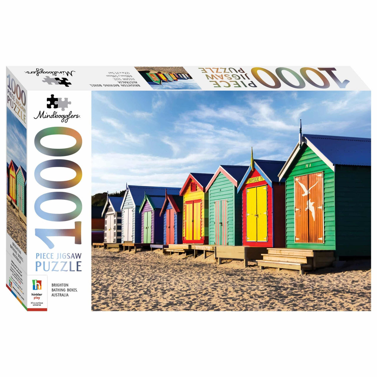 1000-piece jigsaw puzzle box with colorful beach huts artwork