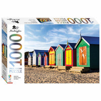 1000-piece jigsaw puzzle box with colorful beach huts artwork