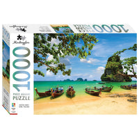 Jigsaw puzzle box, 1000 pieces, longtail boats by tropical shoreline and limestone cliffs