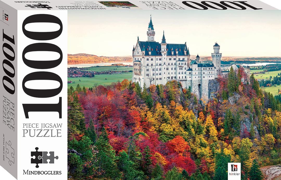 Jigsaw puzzle box: Neuschwanstein Castle with colorful autumn forest, 1000 pieces