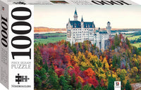 Jigsaw puzzle box: Neuschwanstein Castle with colorful autumn forest, 1000 pieces