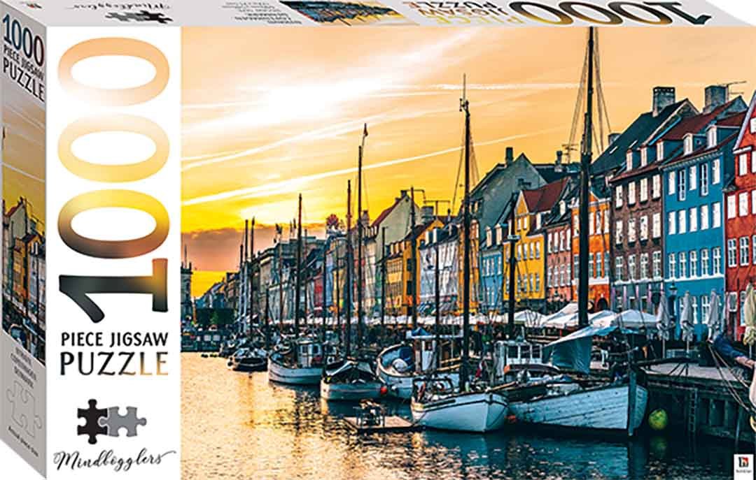 1000-piece jigsaw puzzle box with Nyhavn harbor scene, Copenhagen, Denmark