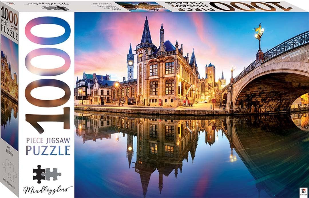 1000-piece jigsaw puzzle box with Gent, Belgium castle and bridge artwork