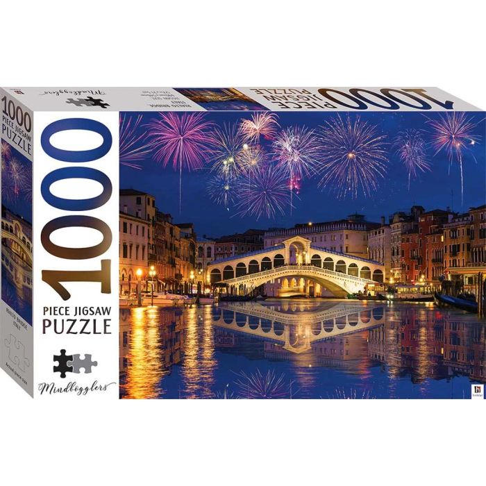 1000-piece jigsaw puzzle box with Rialto Bridge illustration and fireworks over a canal