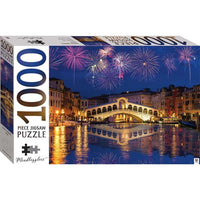 1000-piece jigsaw puzzle box with Rialto Bridge illustration and fireworks over a canal