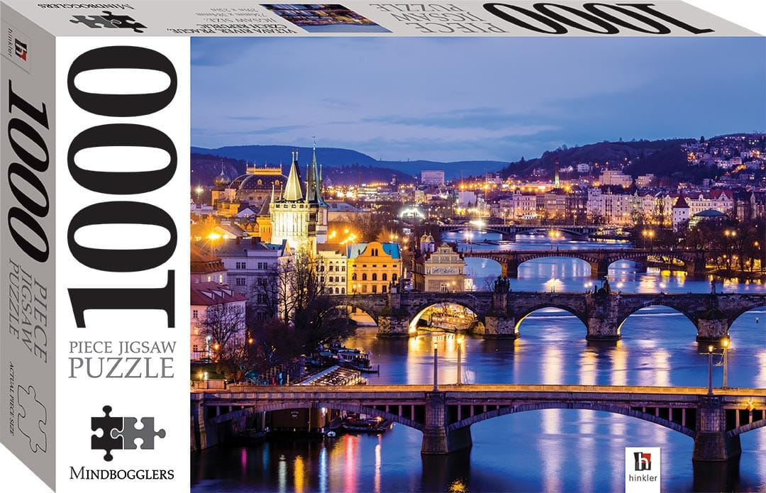 1000-piece jigsaw puzzle box with Prague river bridge illustration