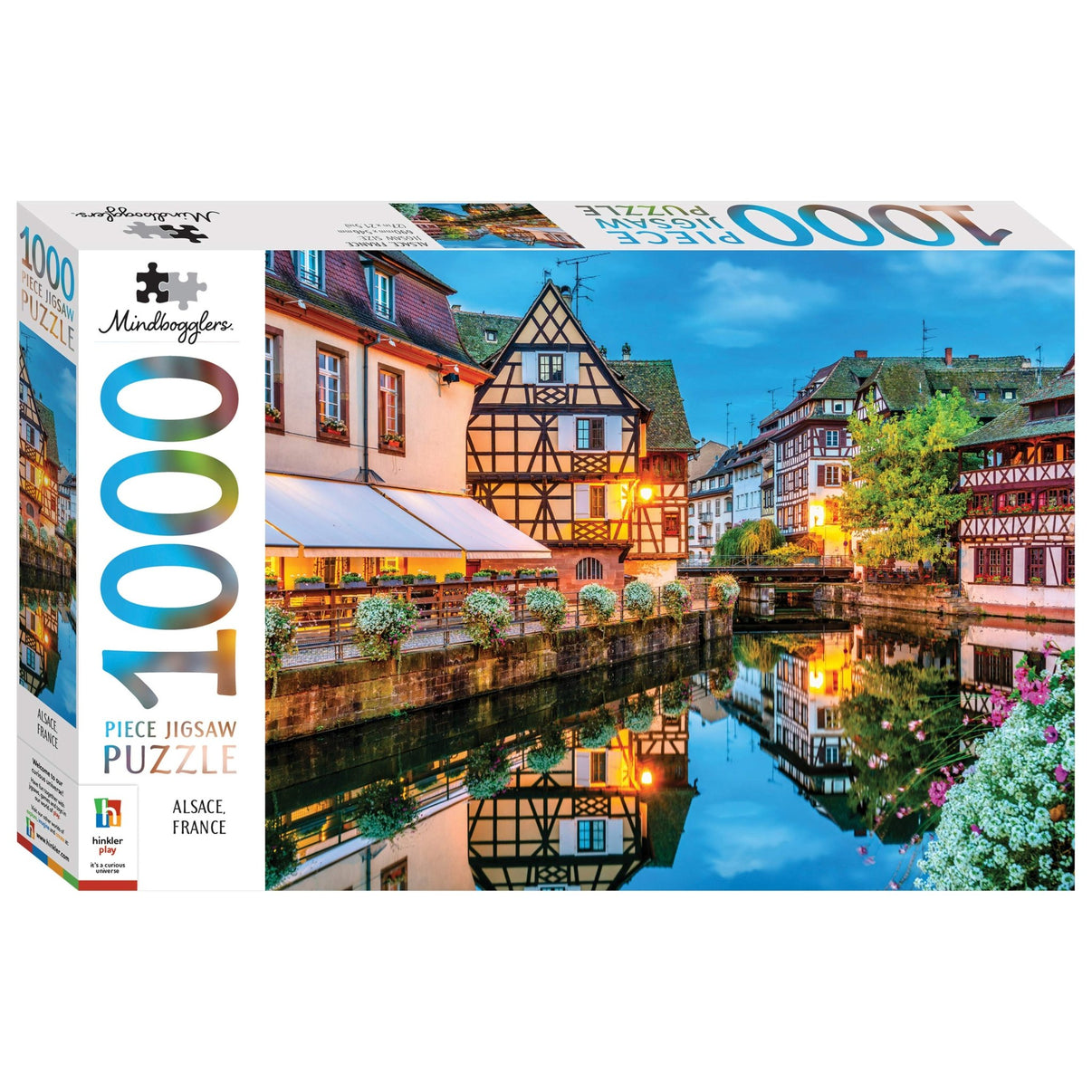 1000-piece jigsaw puzzle box, front view with canal town artwork
