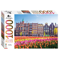 Mindbogglers 1000-piece jigsaw puzzle box with Amsterdam tulip scene