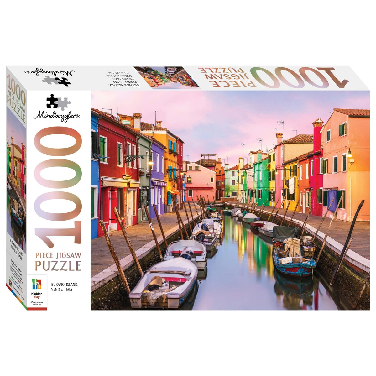 1000-piece jigsaw puzzle box featuring colorful Burano canal view