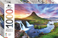 1000-piece jigsaw puzzle box with mountain and waterfall landscape artwork
