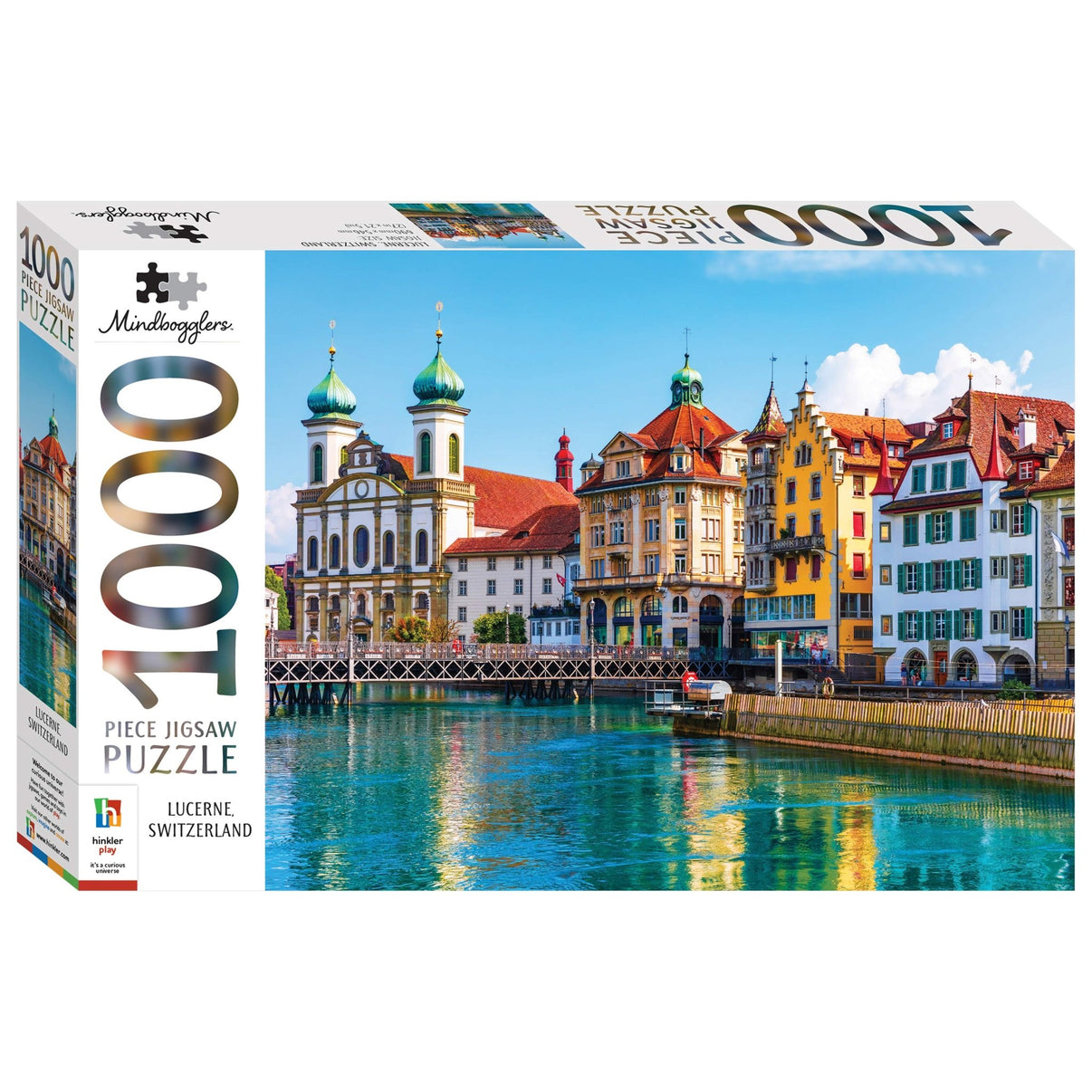 1000-piece jigsaw puzzle box with Lucerne waterfront colorful buildings