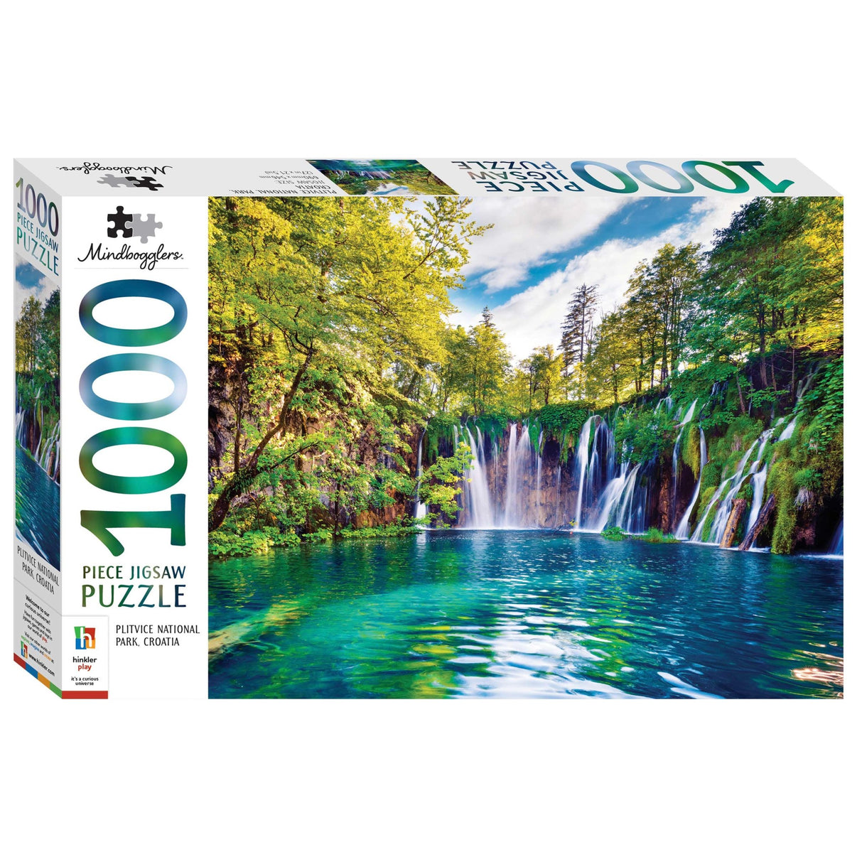 1000-piece jigsaw puzzle box with Plitvice waterfall landscape and trees