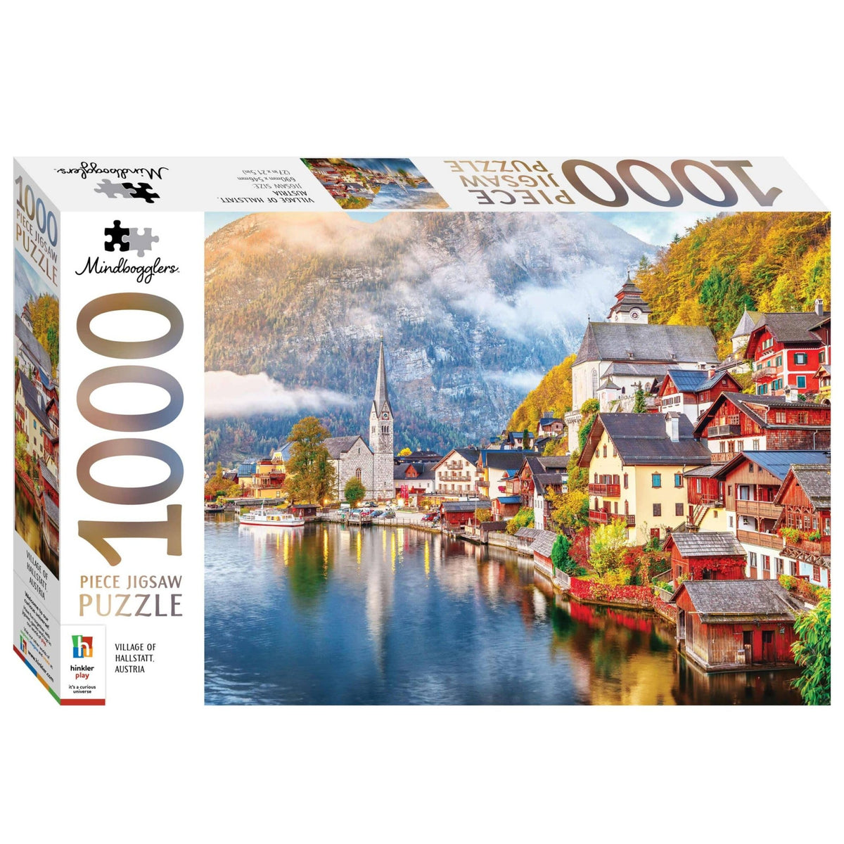 Mindbogglers 1000-piece jigsaw puzzle box, village scene artwork