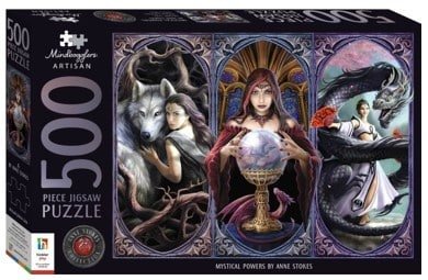500-piece jigsaw puzzle box with mystical fantasy scene and central wizard figure